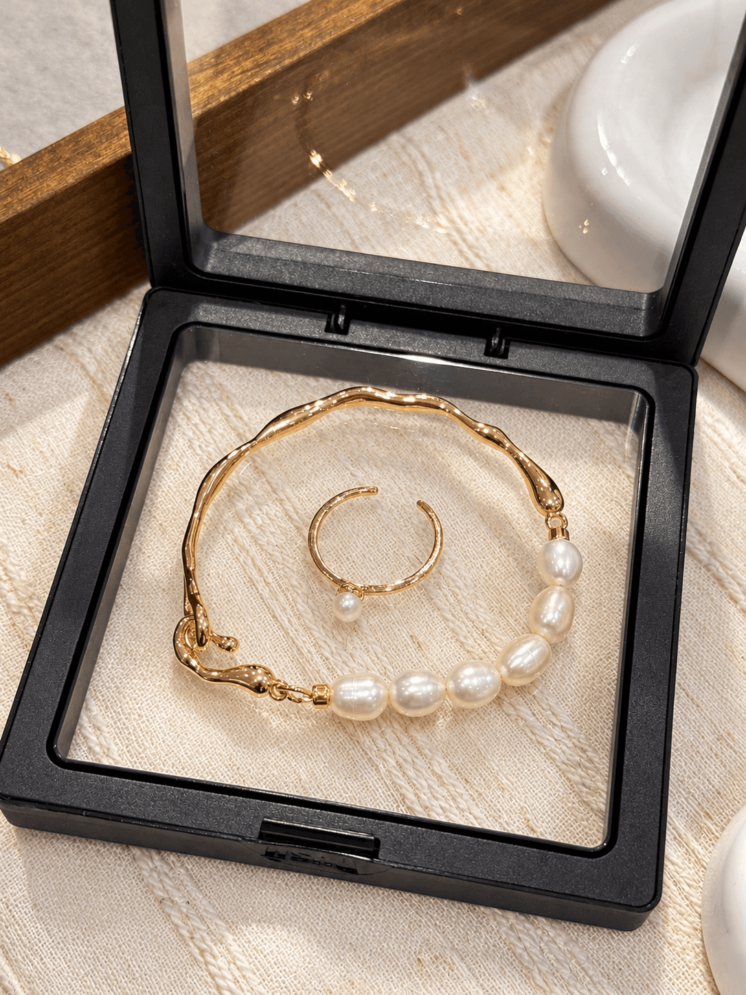 (Petite Version) Bangle Pearl Bracelet with a Matching Ring in Gold — 2