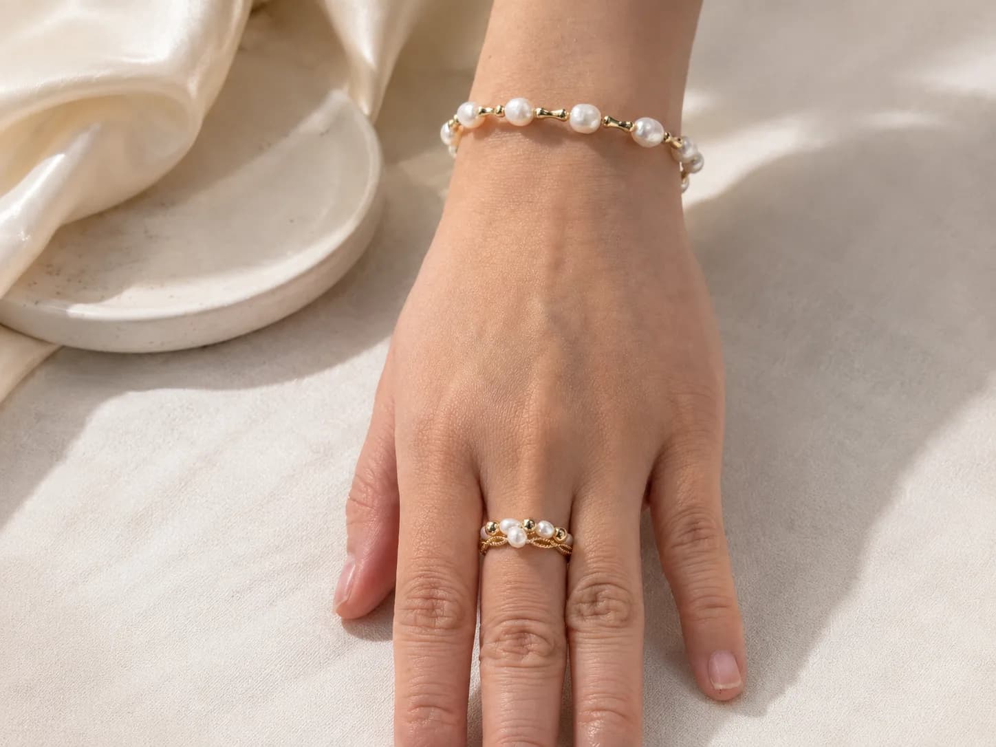Golden Reed Pearl Bracelet & a Matching Ring Gift Set — 3